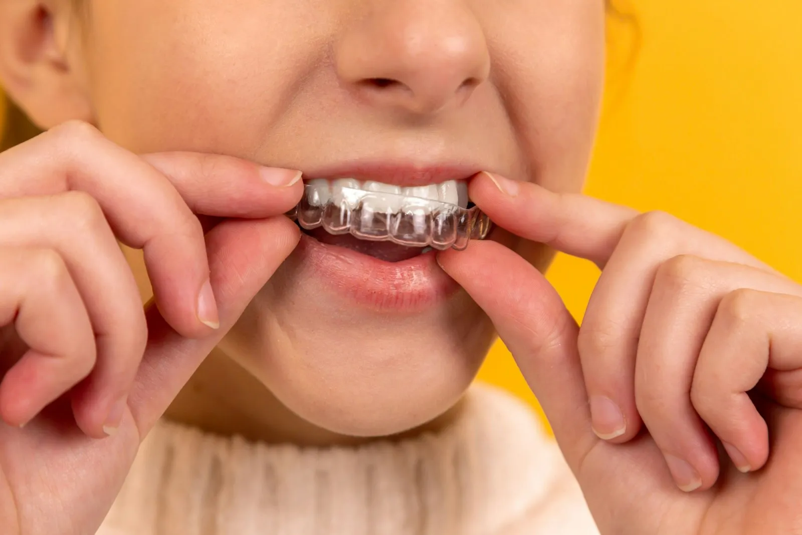 Person fitting a clear plastic aligner tray over their teeth against a yellow background